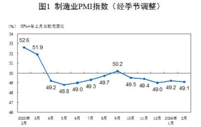 2月制造业采购经理指数为49.1%，比上月下降0.1%  2月，制造业采购经理指数（PMI）为49.1%，比上月下降0.1% ...